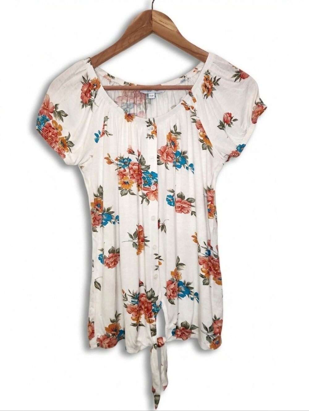 🟣 Sz S White Floral Tie-Hem Scoop Neck Stretchy Top Rayon Blouse